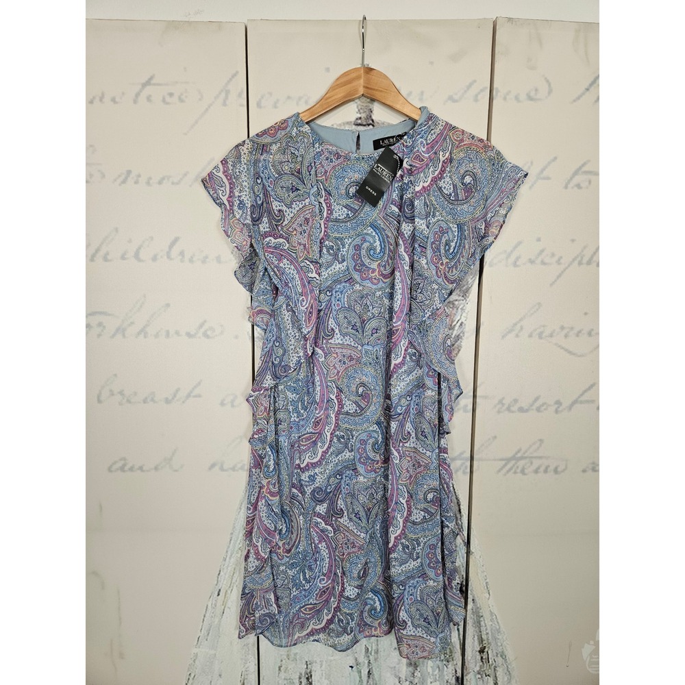 Lauren‎ Ralph Lauren Blue Paisley Ruffle Shift Dress NWT Size 6